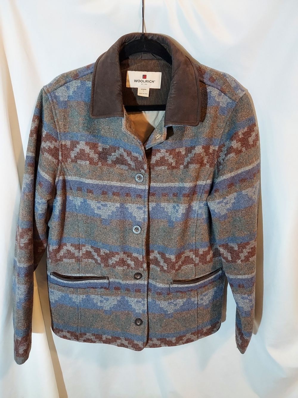 VTG Woolrich Aztec Southwestern Wool Blanket Jacket Suede Collar Lined
